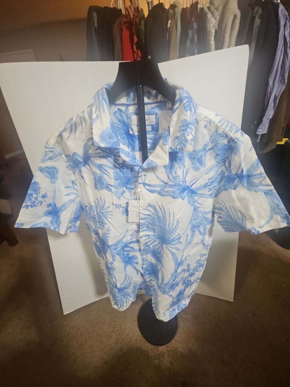 Porter & Ash Short Sleeve Linen Shirt Size L Blue White Floral
